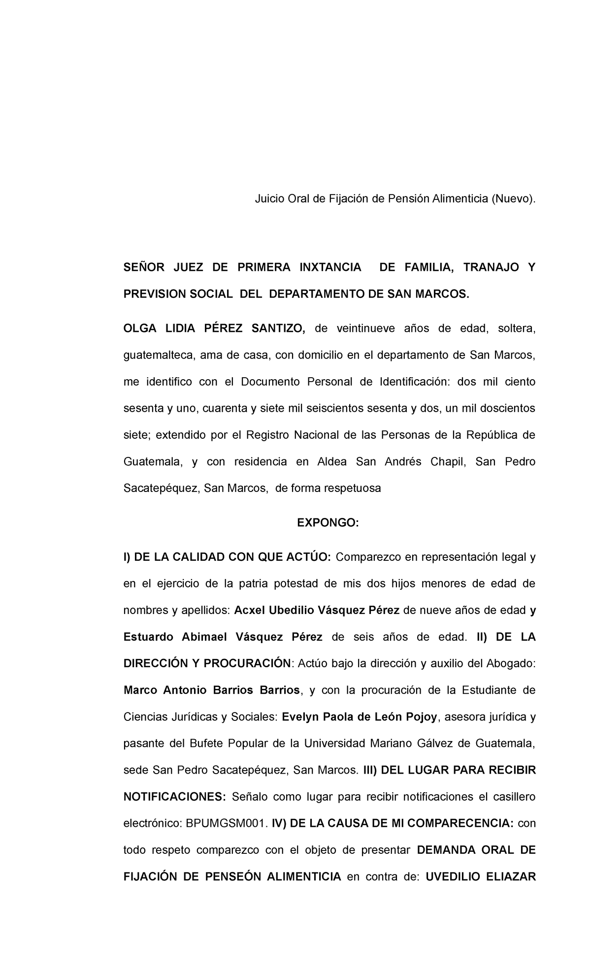 Demanda De Fijacion De Pension Alimenticia Juicio Oral De Fijación De Pensión Alimenticia 6468