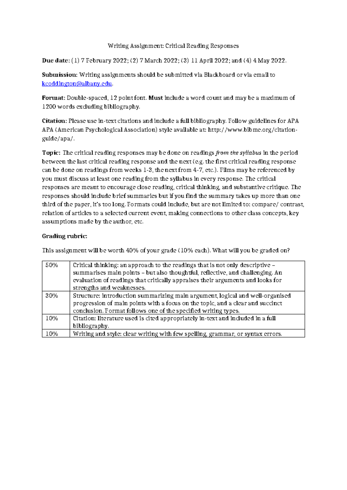 Critical Reading Responses - 2022(9) - Writing Assignment: Critical ...
