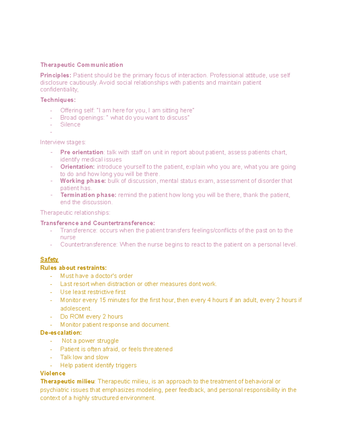 Mental Health Nursing Final Study Guide - Therapeutic Communication ...
