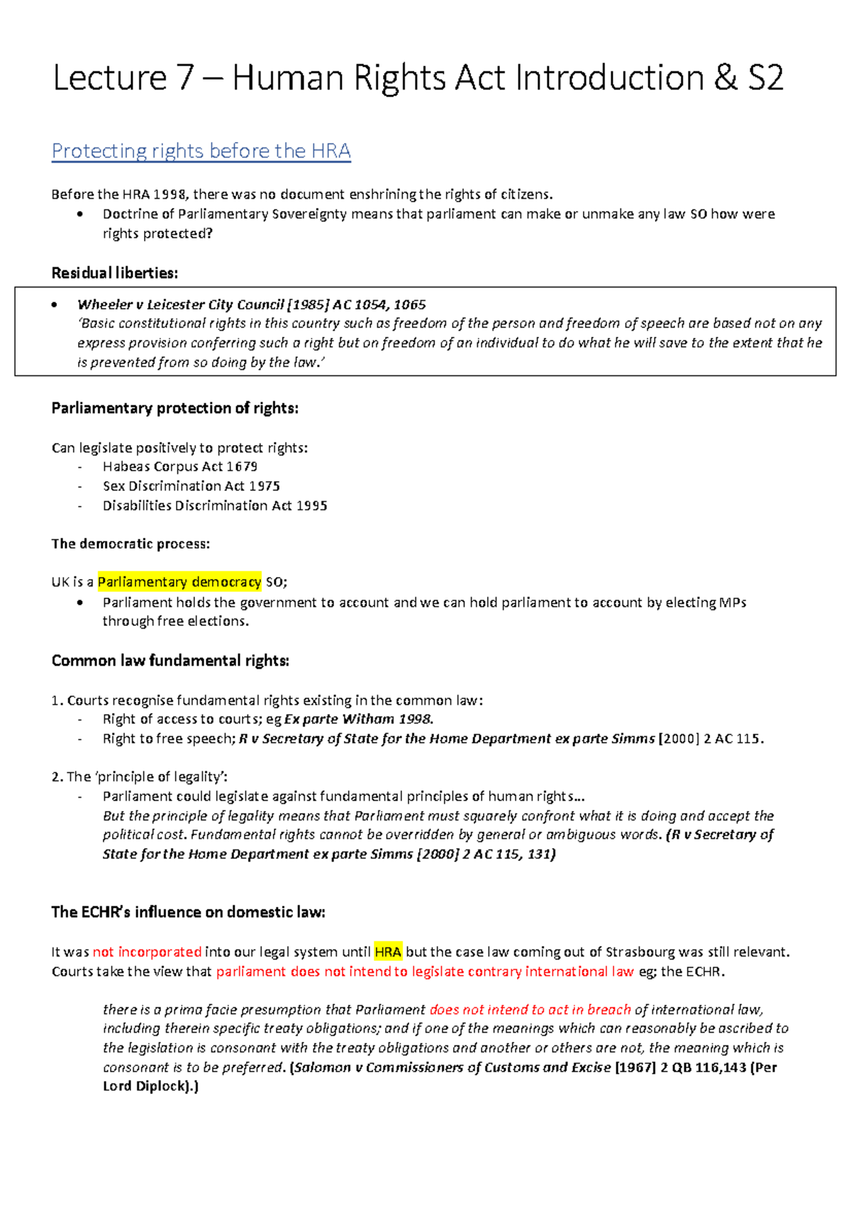 Human Rights Act Introduction and Secion 2 Lecture 7 notes - Lecture 7 ...