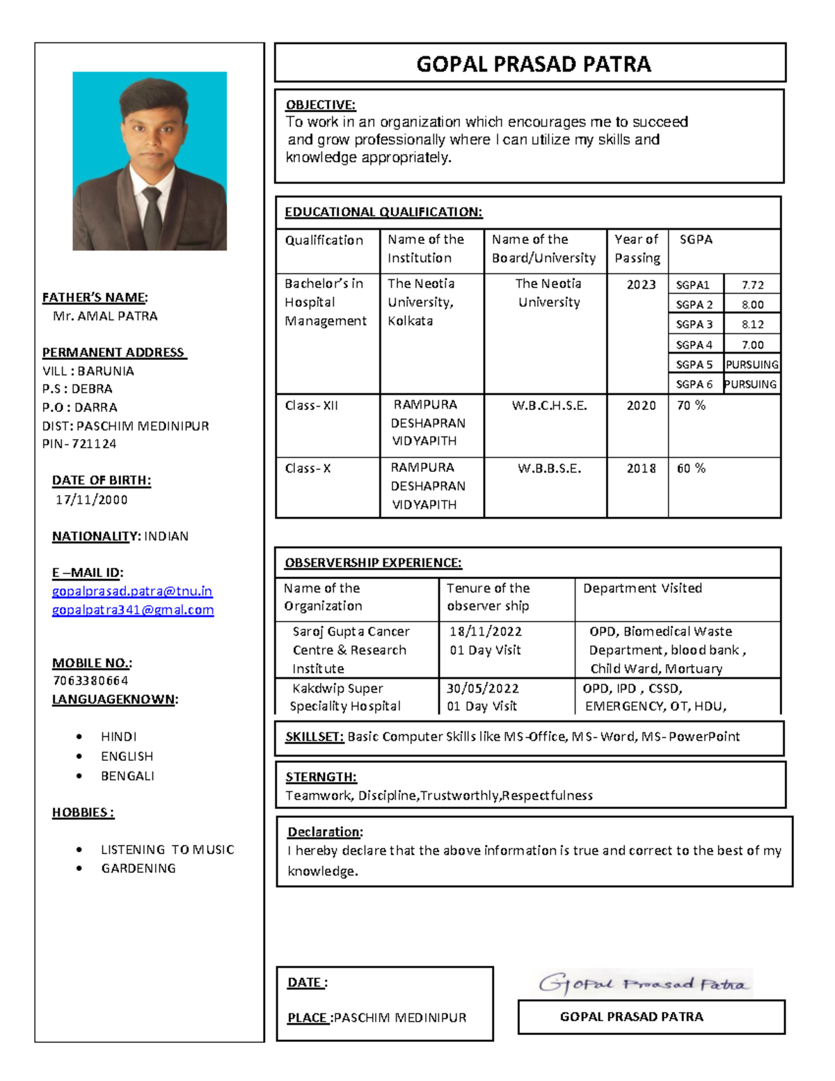 Gopal prasad patra - FATHER’S NAME: Mr. AMAL PATRA PERMANENT ADDRESS ...