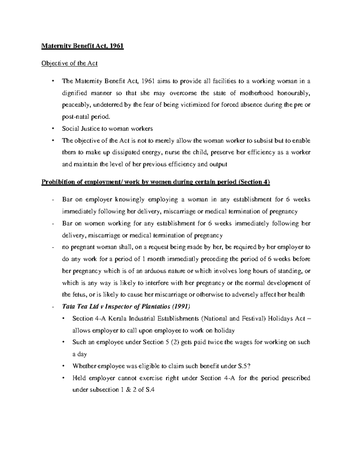 Maternity Benefit Act. Summarydocx Maternity Benefit Act, 1961