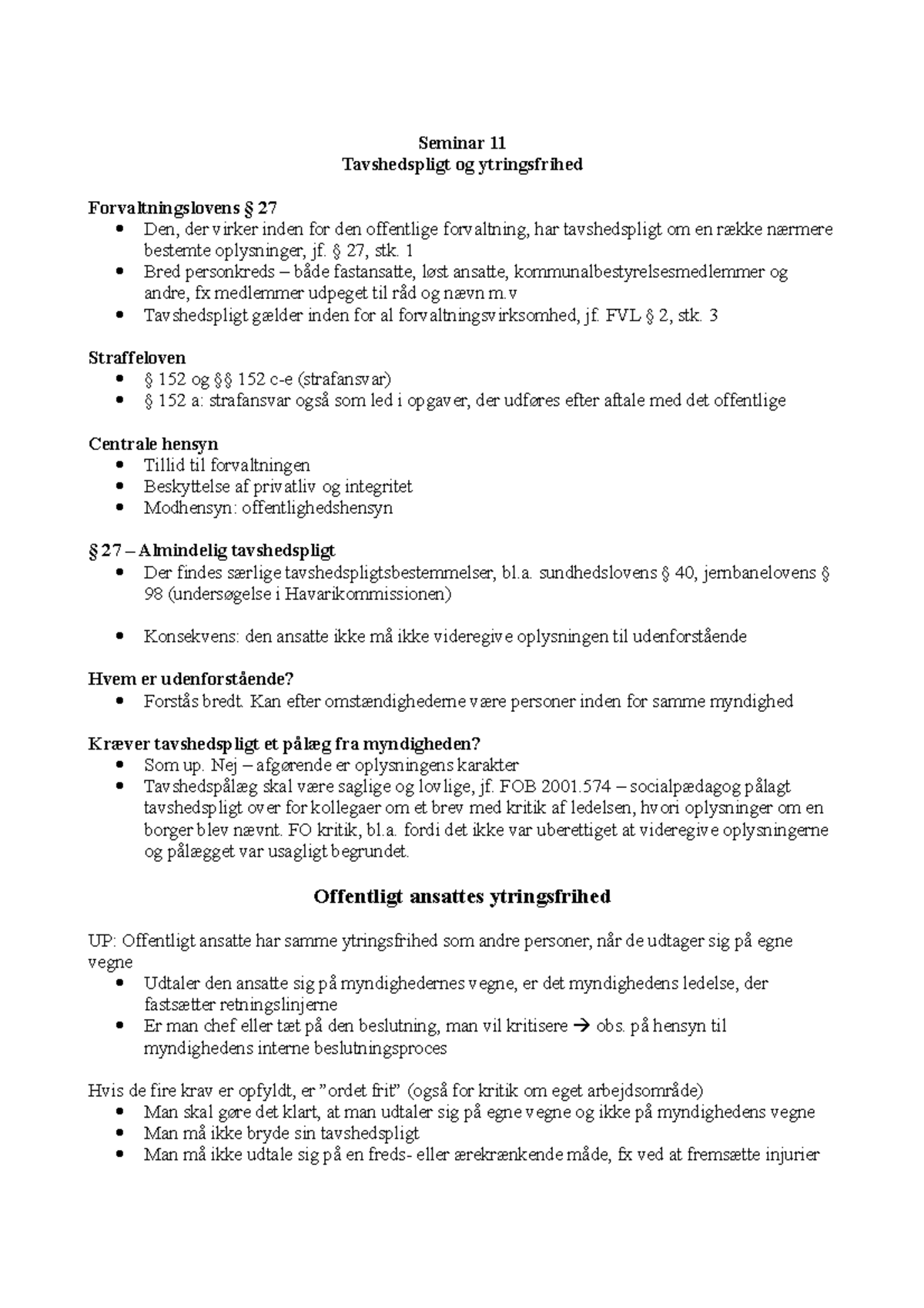 Seminar 11 - Tavshedspligt Og Ytringsfrihed - Seminar 11 Tavshedspligt ...