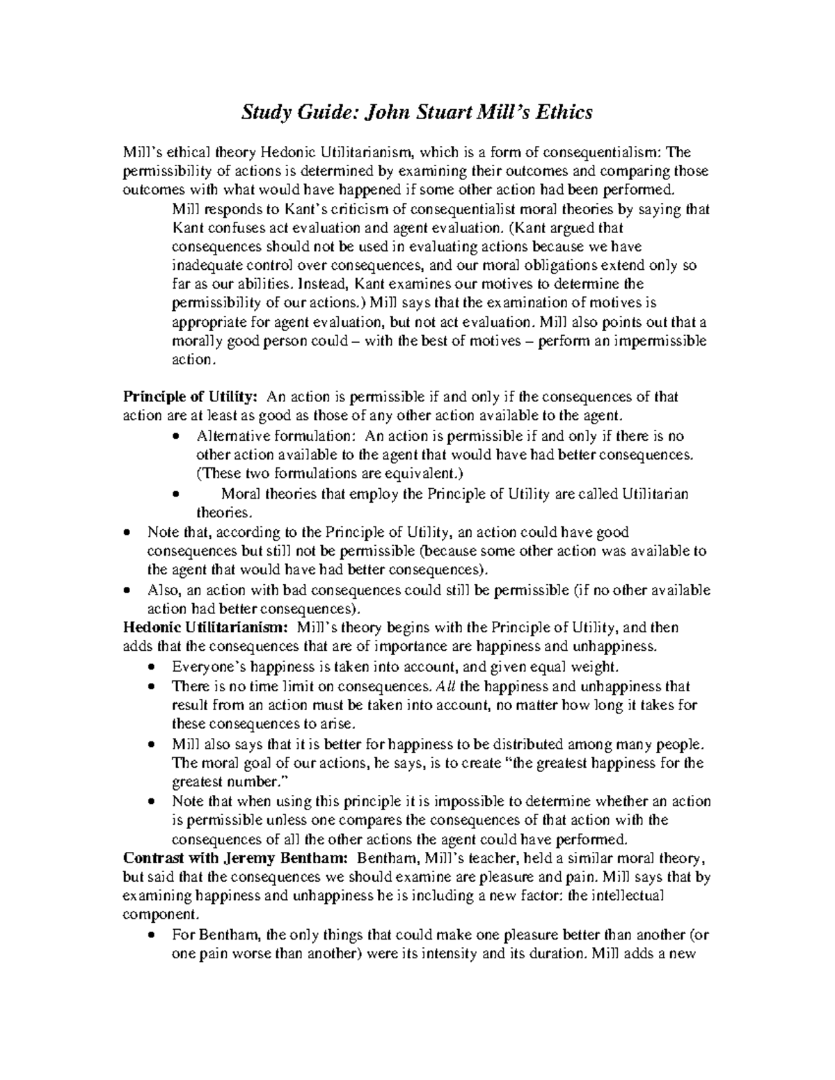 Utilitarianism Summary - Study Guide: John Stuart Ethics Ethical Theory ...