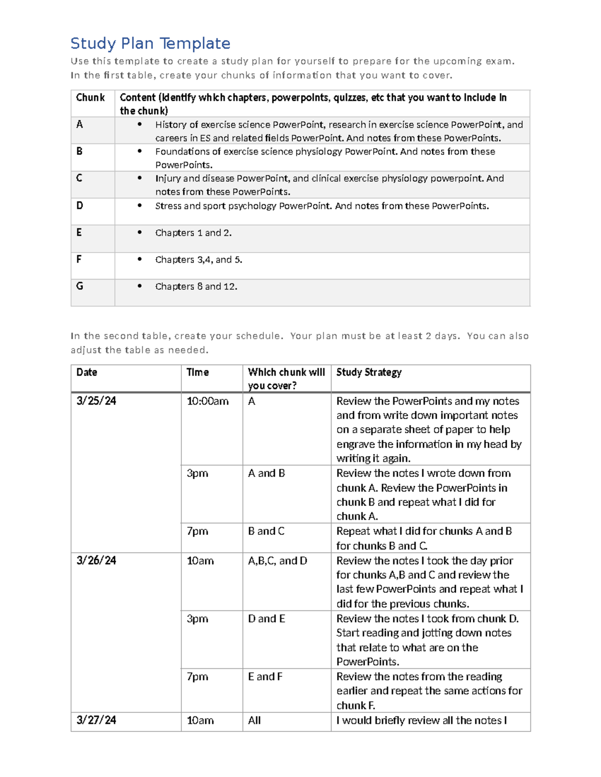 Study Plan Template Exam 1 - Study Plan Template Use this template to ...