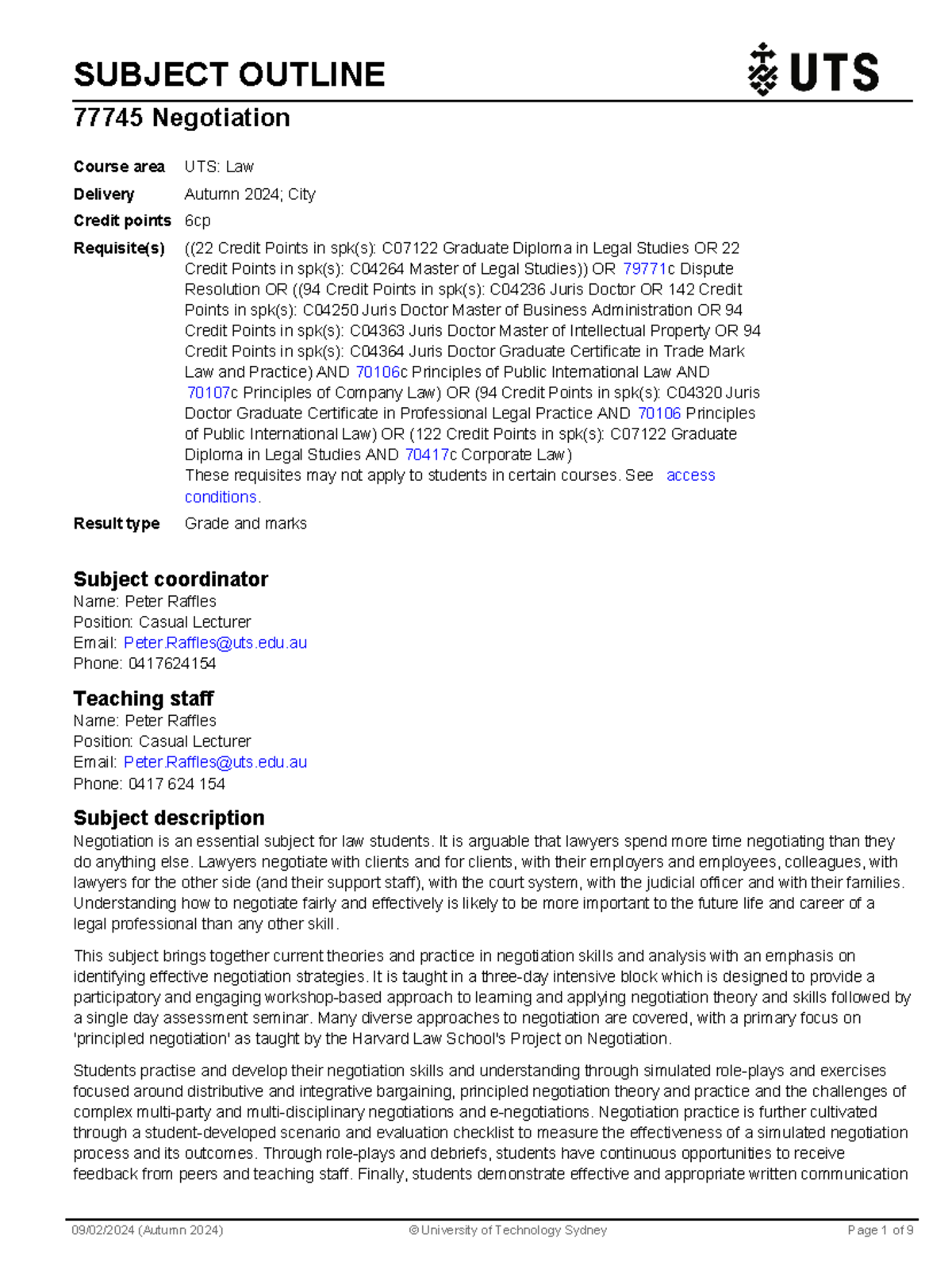 Subject Outline - SUBJECT OUTLINE 77745 Negotiation Subject coordinator ...