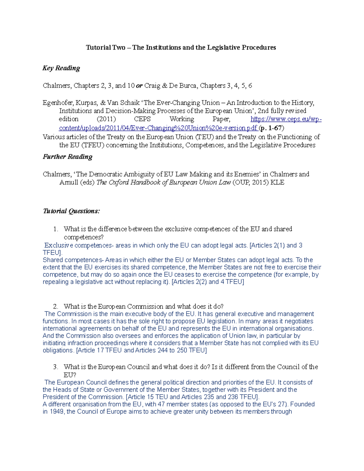 EU Tutorial 2 - Tutorial Two – The Institutions and the Legislative ...