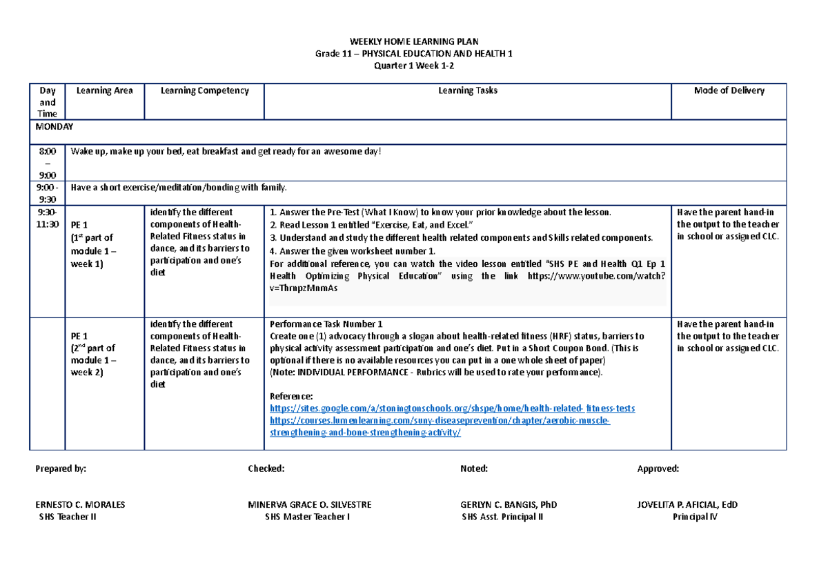WHLP PE1 WEEK 1 2 good WEEKLY HOME LEARNING PLAN Grade 11