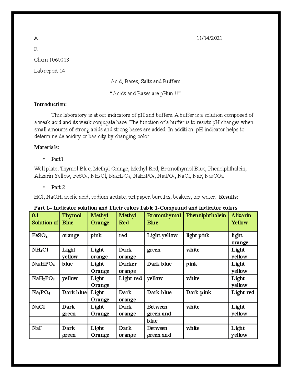 Lab 14 chem Acid, Bases, Salts and Buffers A 11/14/ F. Chem 1060013