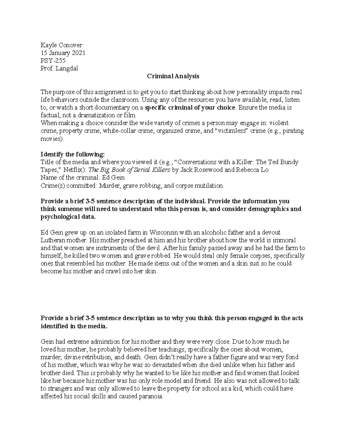 Criminal Analysis - Kayle Conover 15 January 2021 PSY- Prof. Langdal ...
