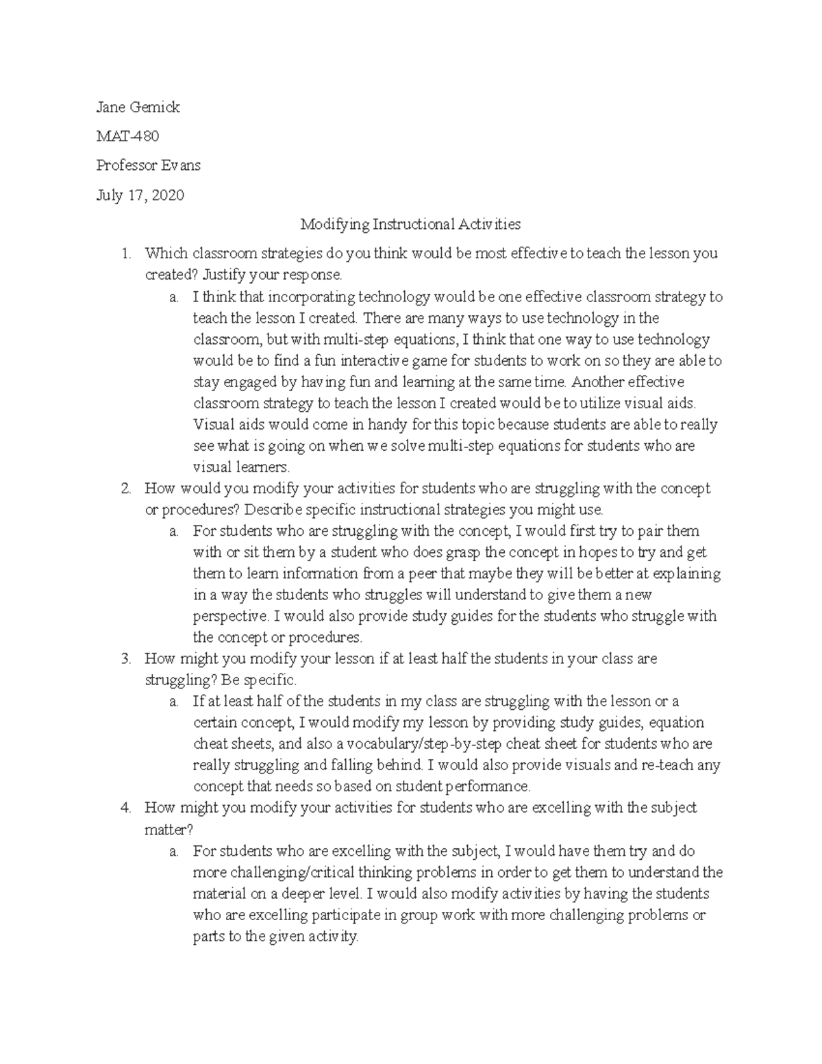 Gemick Modifying Instructional Activities - Jane Gemick MAT- Professor ...