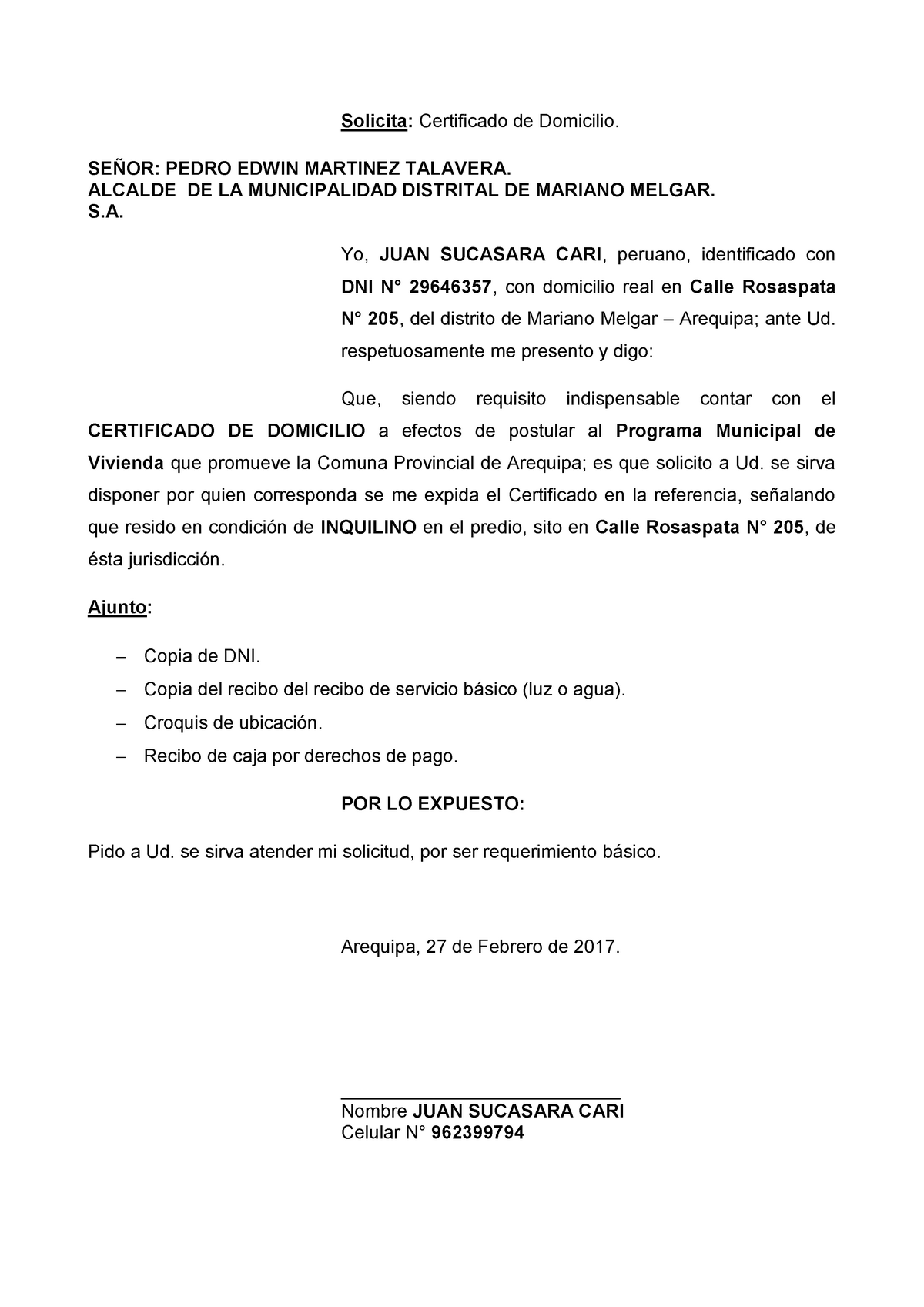 Solicitud Sucasara - Pedido De Vivienda - Solicita: Certificado De ...