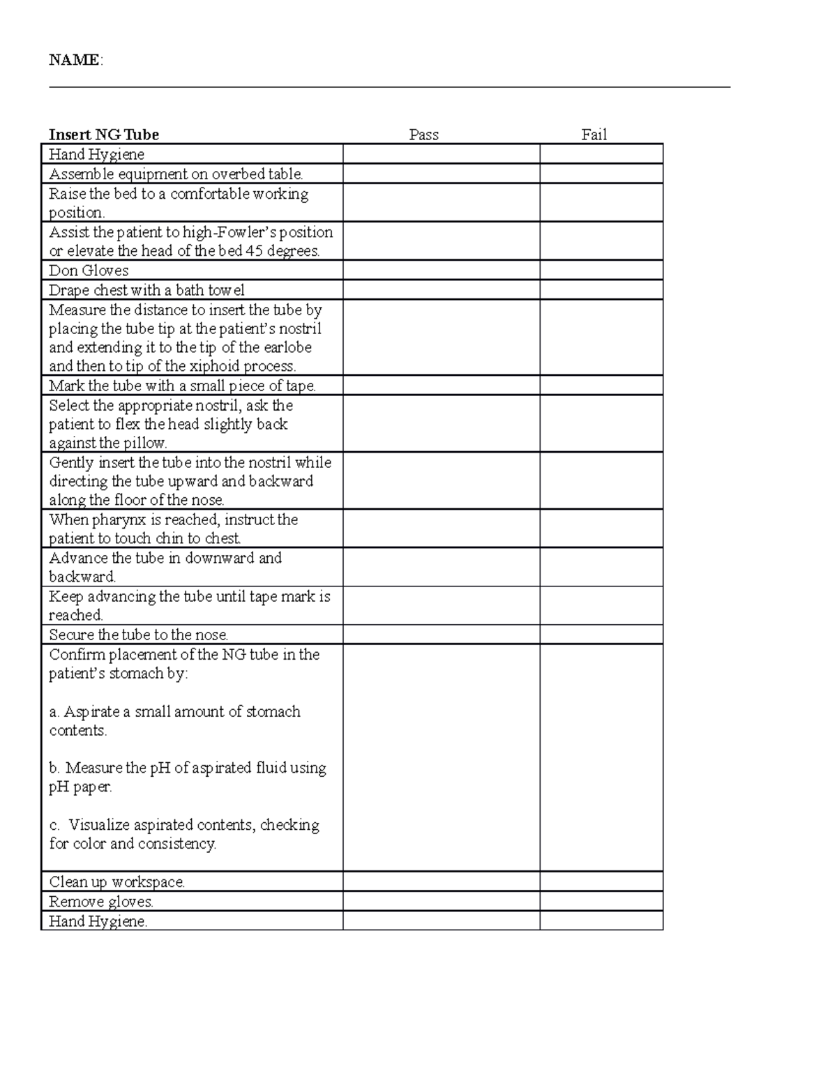 NG tube insertion Rubric - NAME : - Studocu