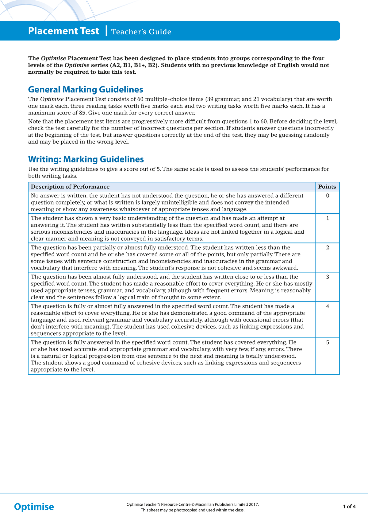 Optimise Placement with answer key - Optimise Teacher’s Resource Centre ...