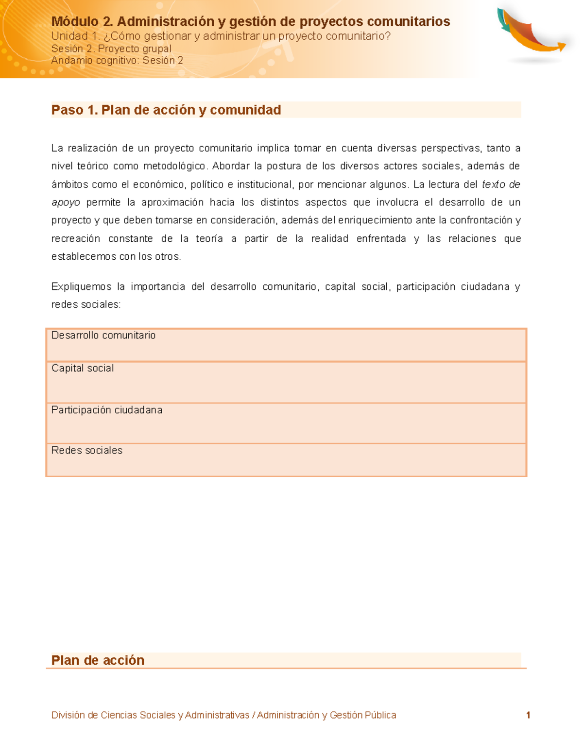 ADMINISTRACION DE PROYECTOS COMUNITARIOS - Sesión 2. Proyecto ...