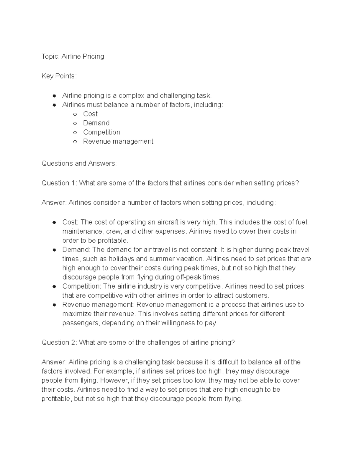 Lecture note for Economy 471, Lecture #2 - Topic: Airline Pricing Key ...
