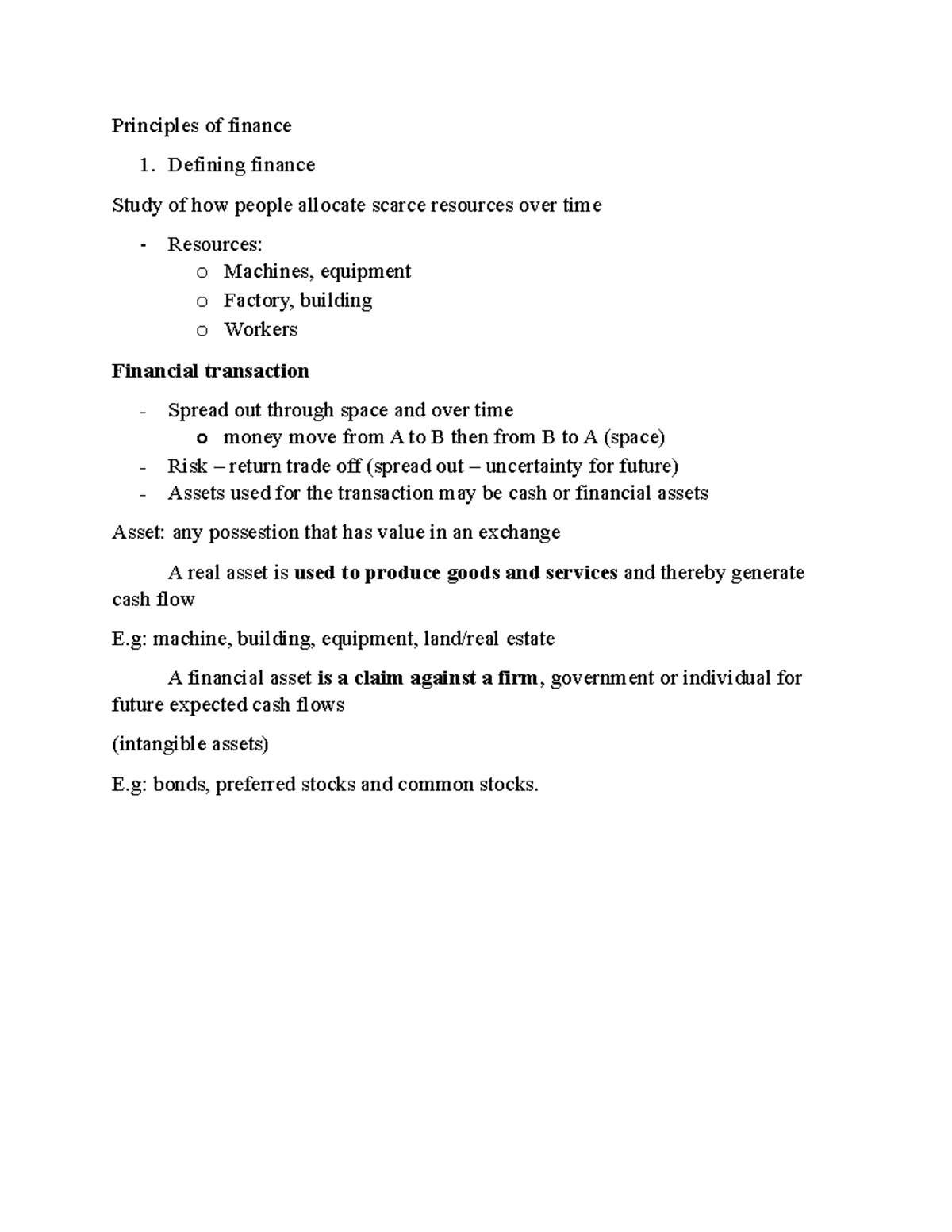 Principles of finance - Notes - Principles of finance 1. Defining ...