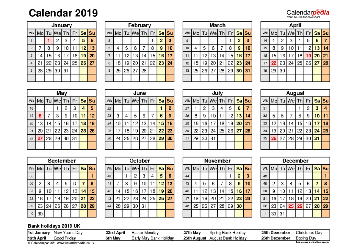 Calendar 2019 Landscape Year At A Glance - Calendar 2019 W K Mo Tu We 