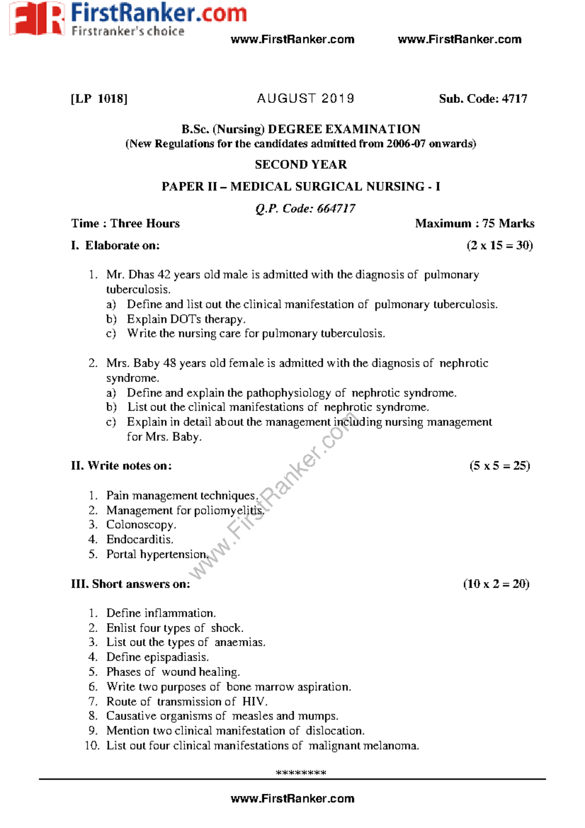 B.Sc Nursing 2019 2 Aug Sept Medical Surgical Nursing I First Ranker