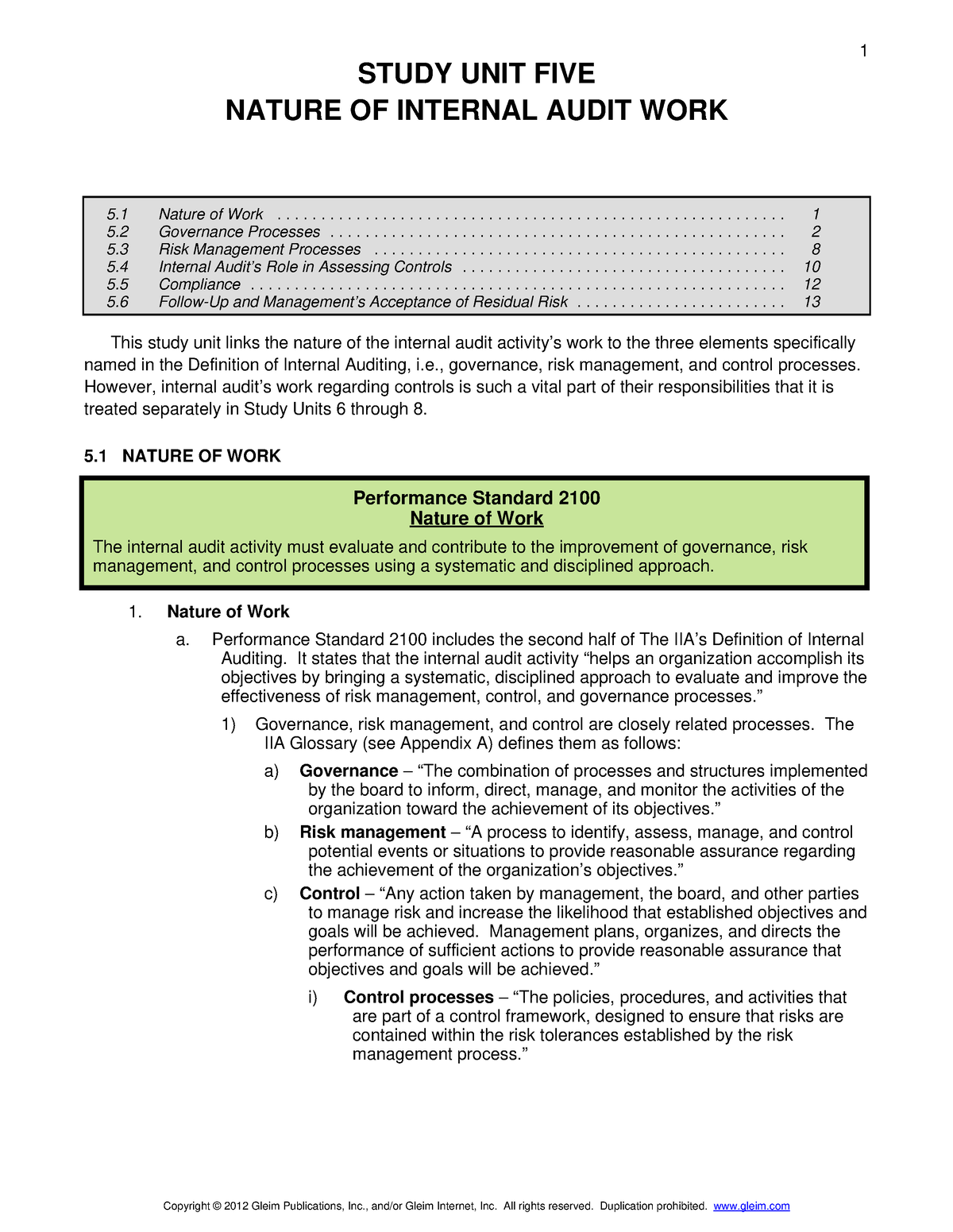 Chapter 5 - Nature Of Ia Work - Study Unit Five Nature Of Internal 