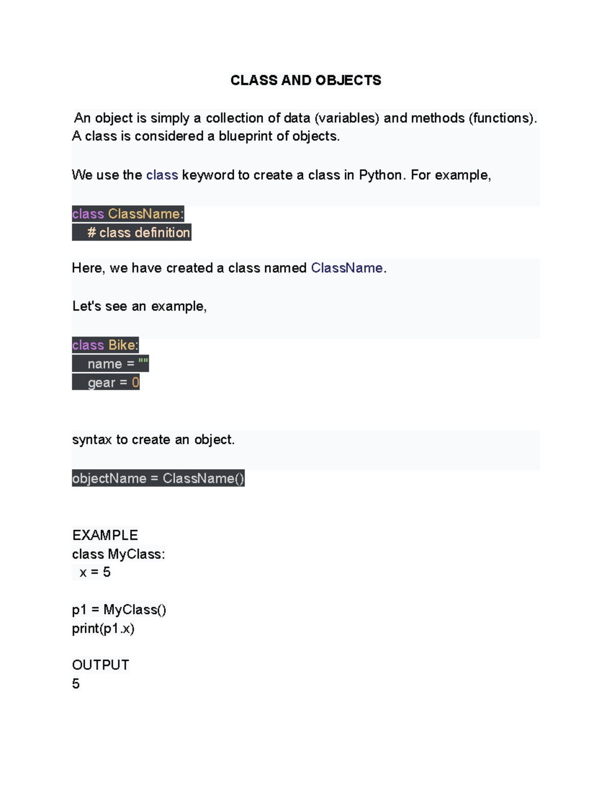 Python Notes OOPS - reliable - CLASS AND OBJECTS An object is simply a ...
