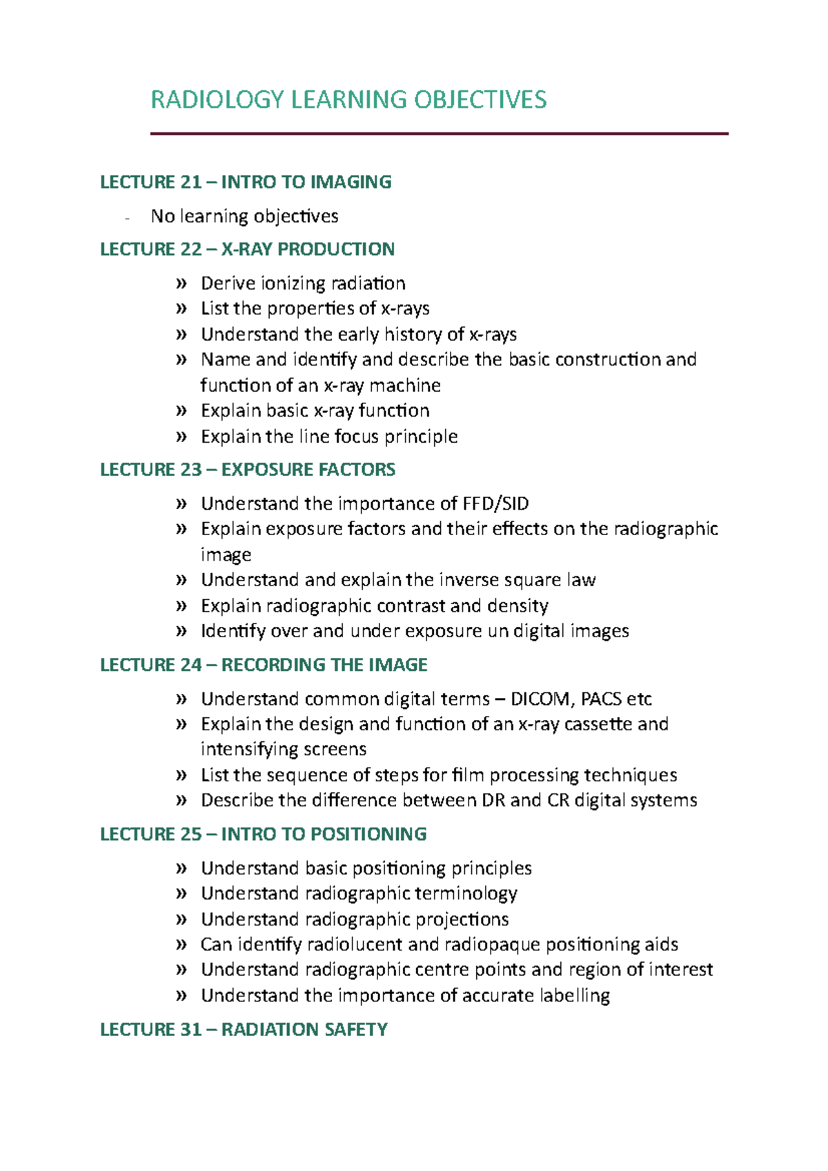 Radiology Learning Objectives RADIOLOGY LEARNING OBJECTIVES LECTURE
