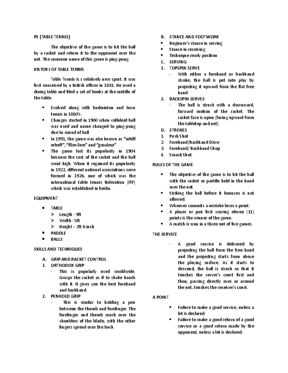 PE LEC 1 - PE (TABLE TENNIS) The objective of the game is to hit the ...