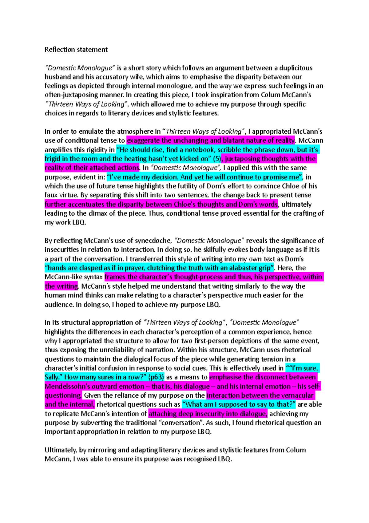 HSC Reflection statement Advanced AT3 Reflection statement “Domestic Monologue” is a short