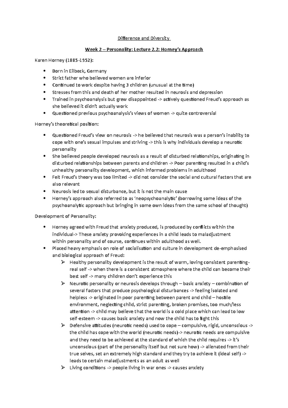 Lecture 2.2 - Horney's Approach - Difference and Diversity Week 2 ...