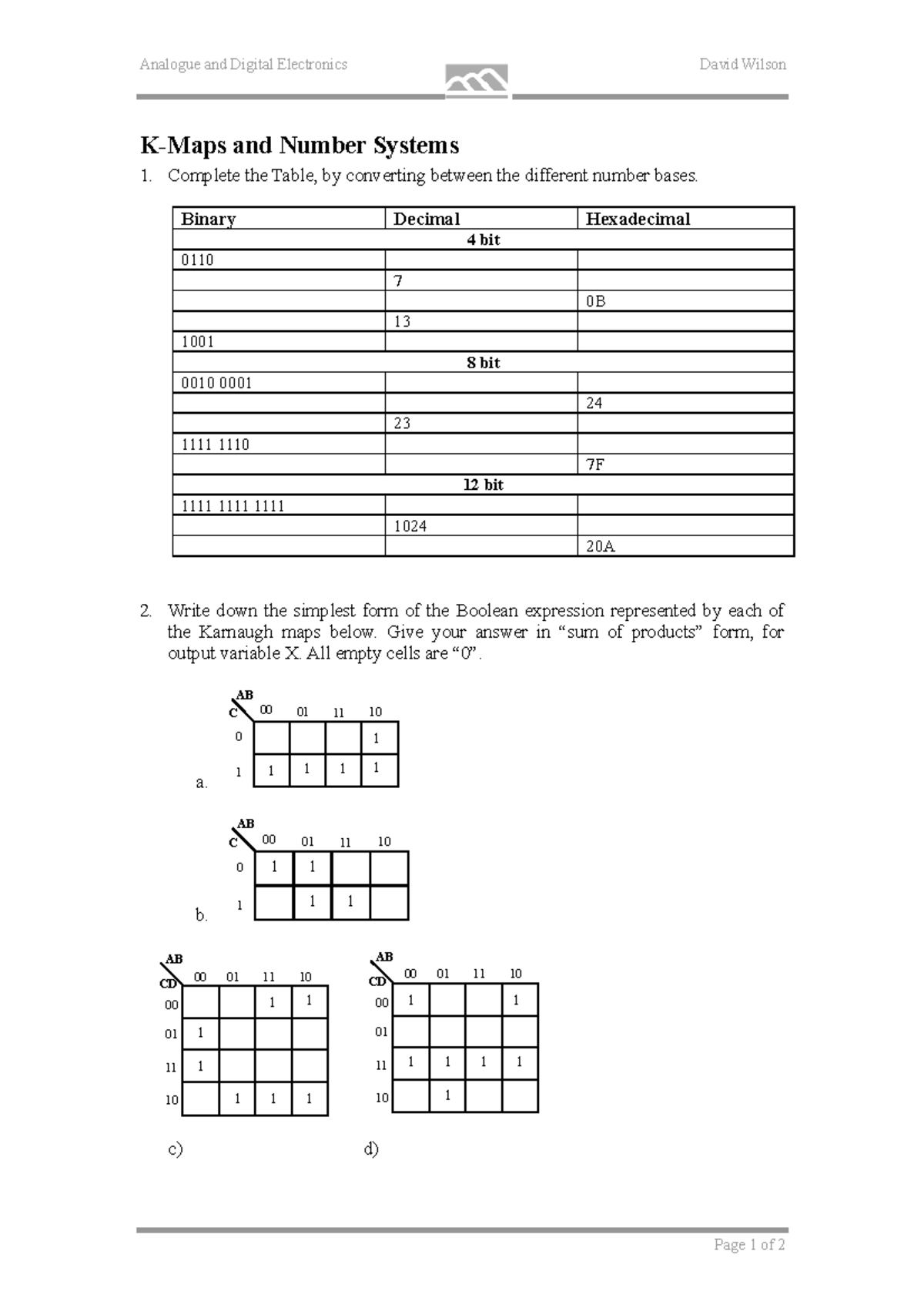 Tut Sheet 5 K-Maps and Number Systems - Analogue and Digital ...