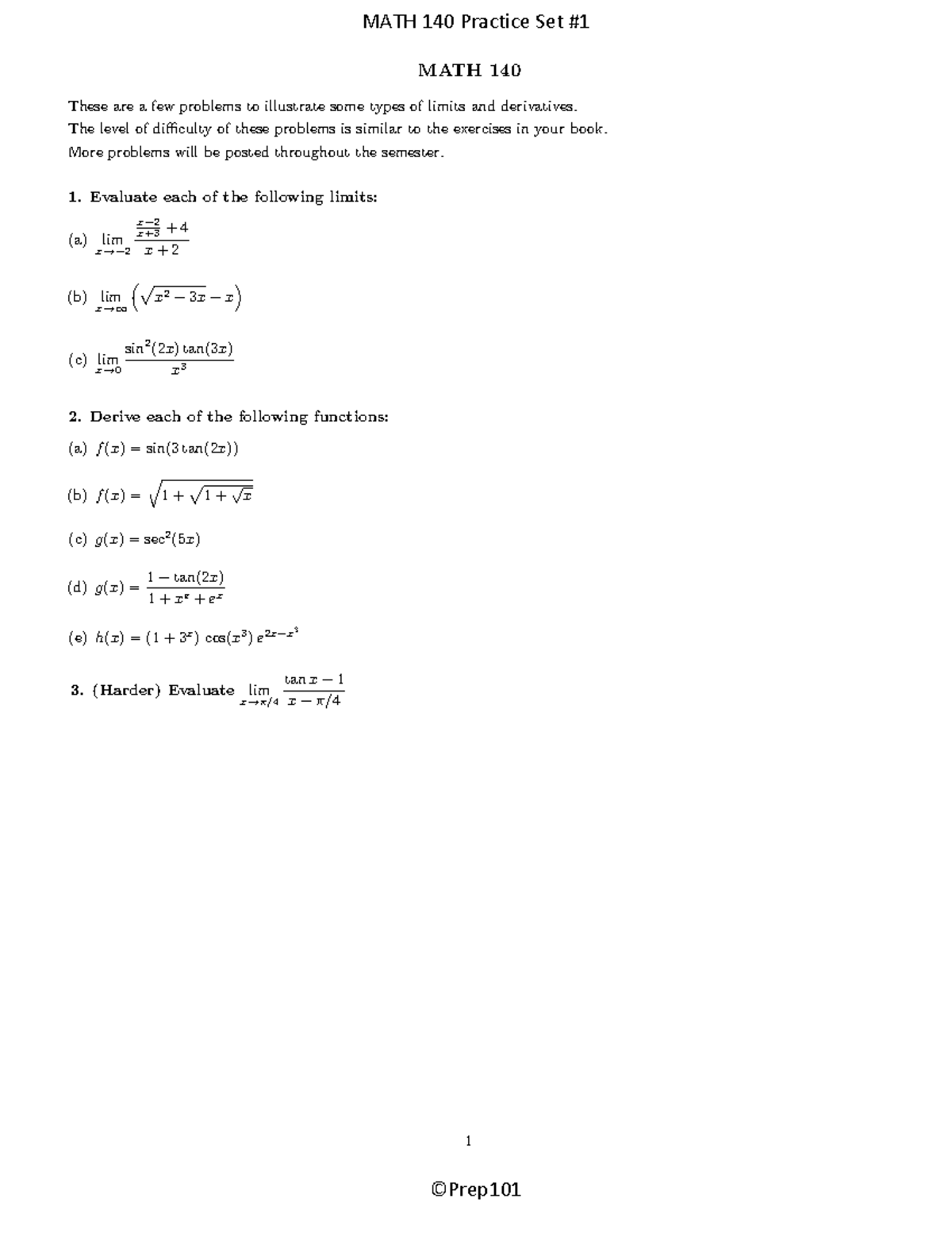 MATH 140 Practice Set #1 - MATH 140 These Are A Few Problems To ...