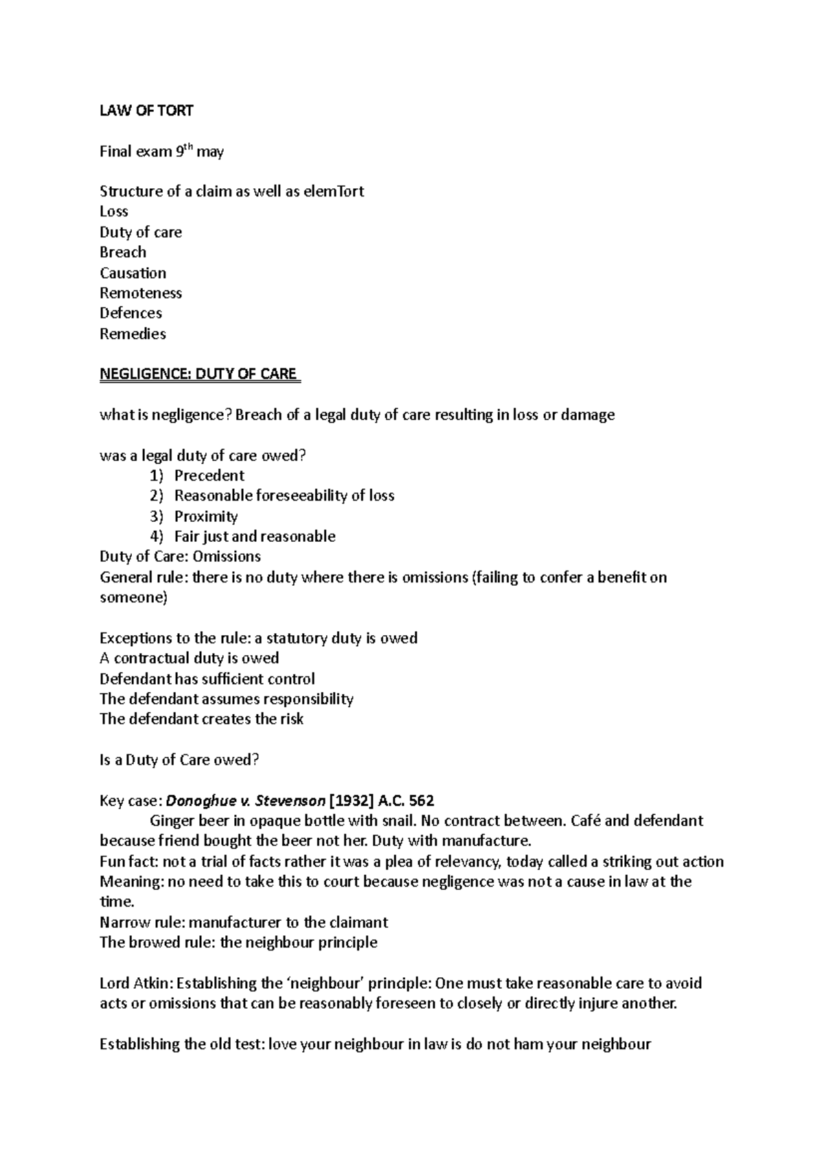 LAW OF TORT; NEGLIGENCE: DUTY OF CARE - LAW OF TORT Final exam 9th may ...