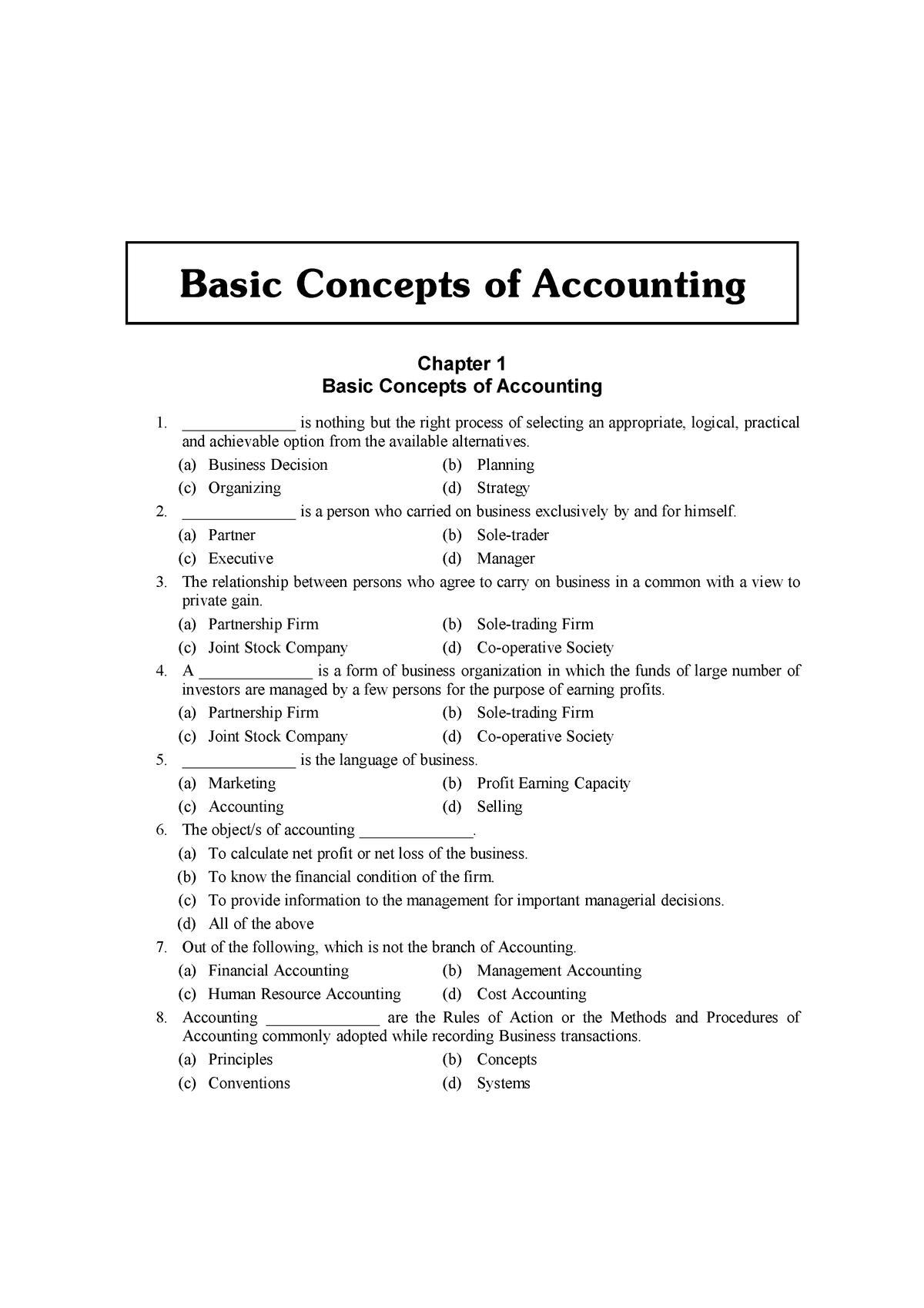 Accounting MCQ - Basic Concepts Of Accounting Chapter 1 Basic Concepts ...