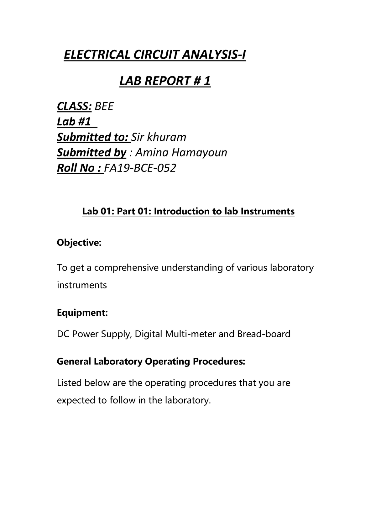 Lab No 01 FA18 BCE - ELECTRICAL CIRCUIT ANALYSIS-I LAB REPORT # 1 CLASS ...