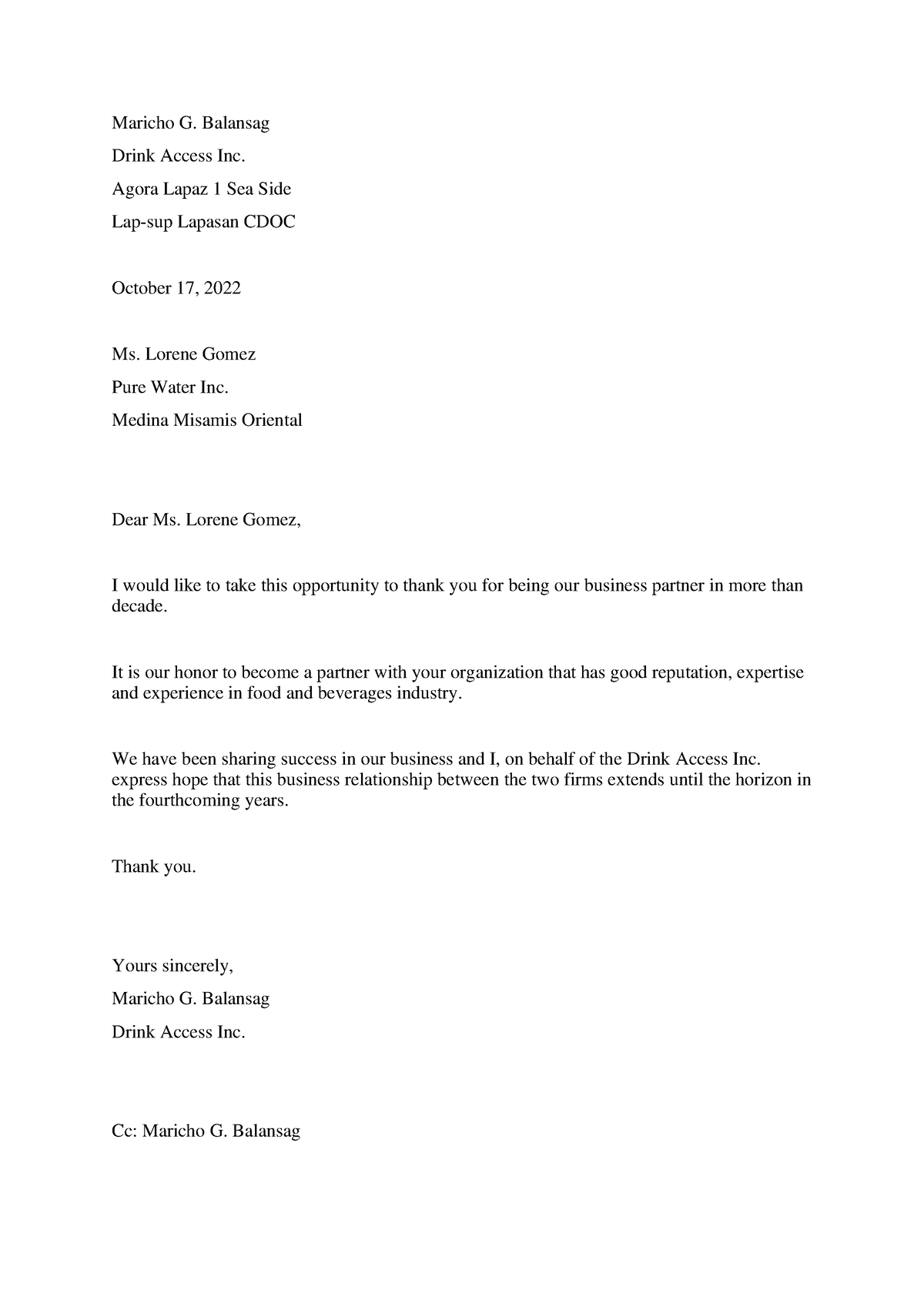 Formal Business Letter - Maricho G. Balansag Drink Access Inc. Agora ...