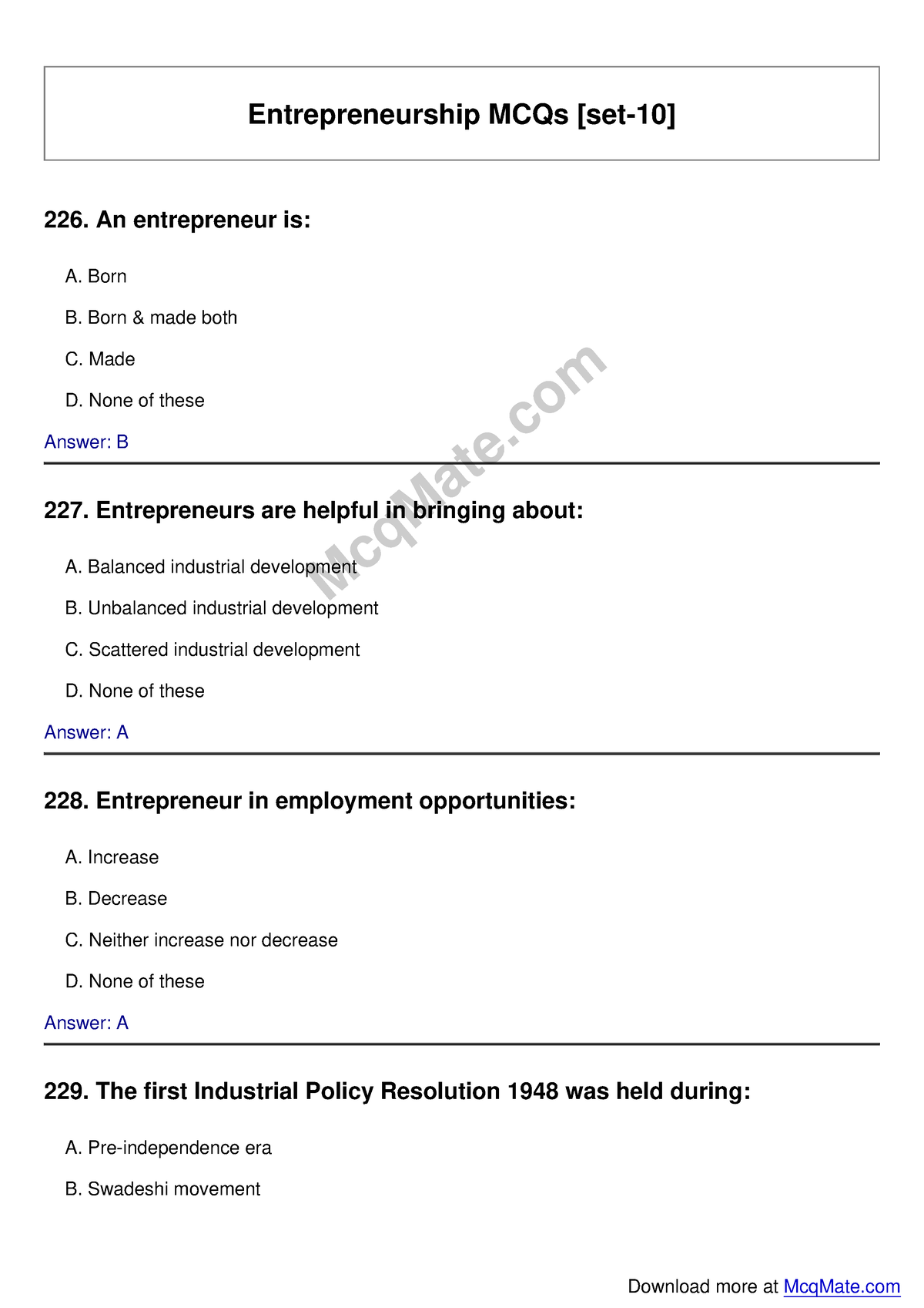 mcq on business plan in entrepreneurship