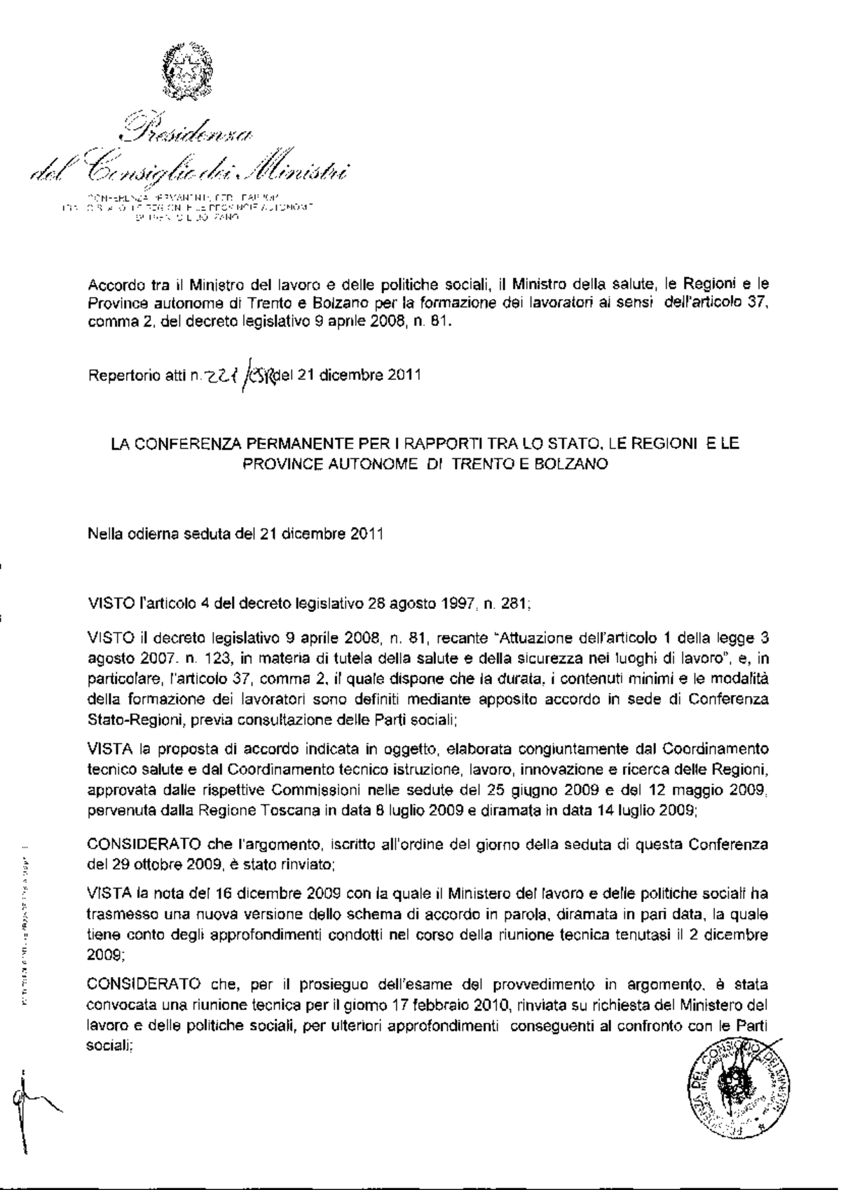 Accordo Stato Regioni 2011-12-21 Formazione Lavoratori, Preposti E ...