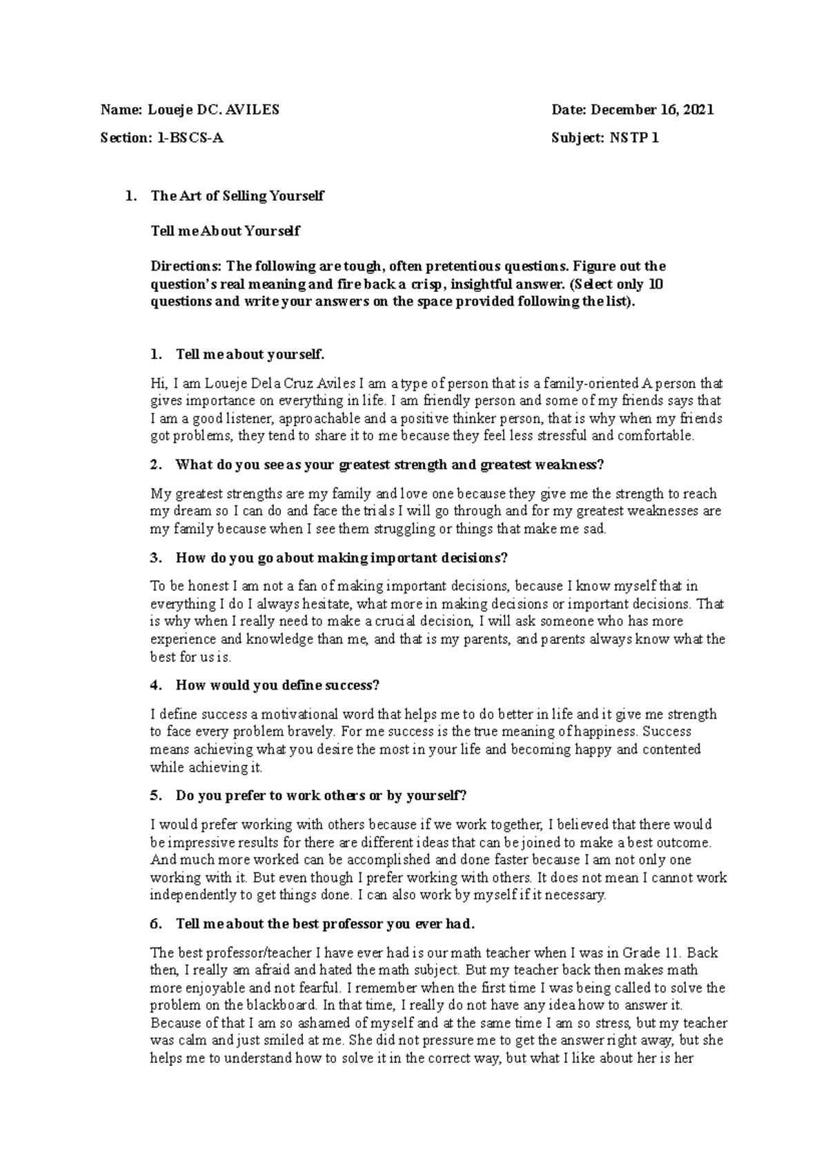 NSTP 1 - Self Awareness and Self Management 1BSCS-A Loueje Aviles ...