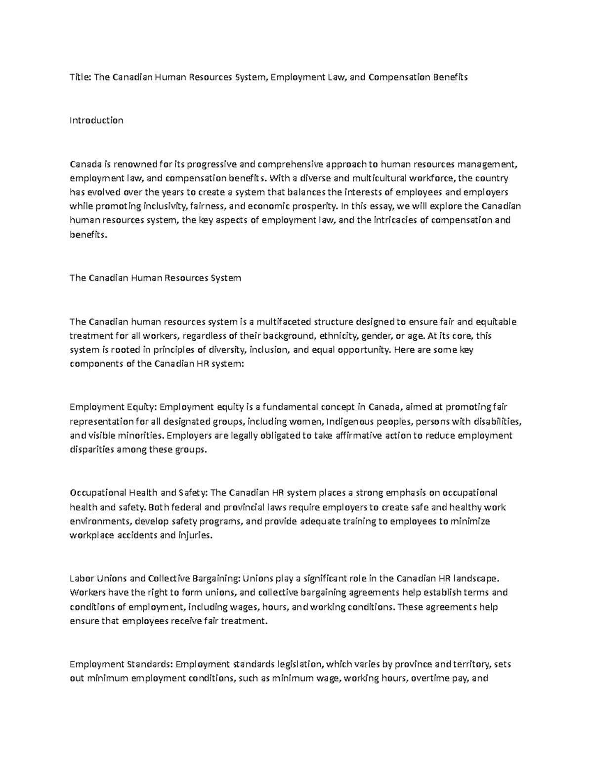 The Canadian Human Resources System With a diverse and multicultural