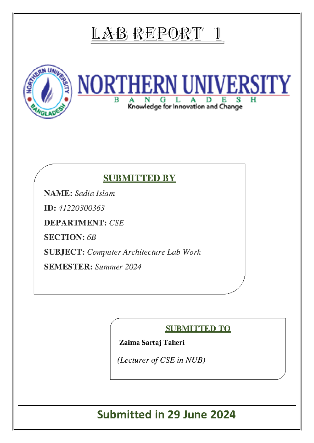 CA lab report-1 - ETC - Submitted in 29 June 2024 SUBMITTED BY NAME ...