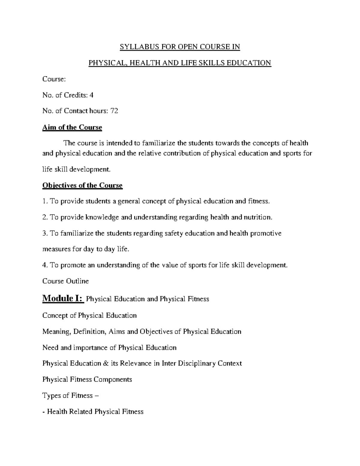 Open Course Physical Education 1 - SYLLABUS FOR OPEN COURSE IN PHYSICAL ...
