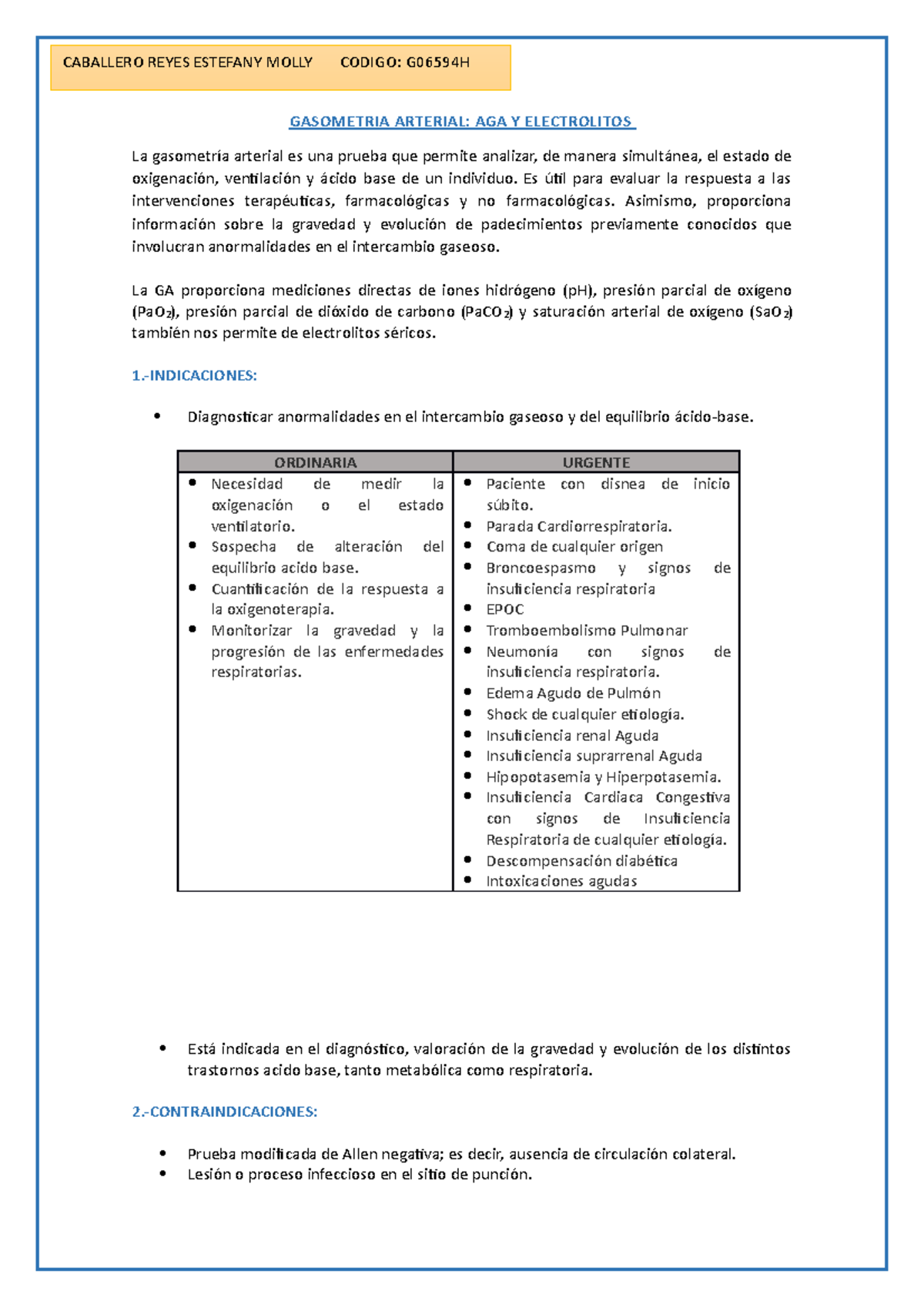 Aga y electrolitos GASOMETRIA ARTERIAL AGA Y ELECTROLITOS La