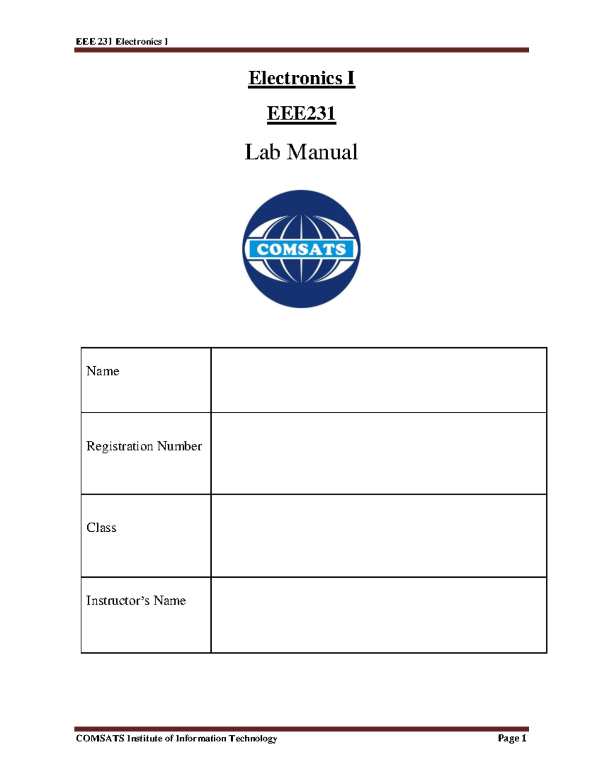 EEE231 Electronics 1 Lab Manual EEE 231 Electronics I Electronics I