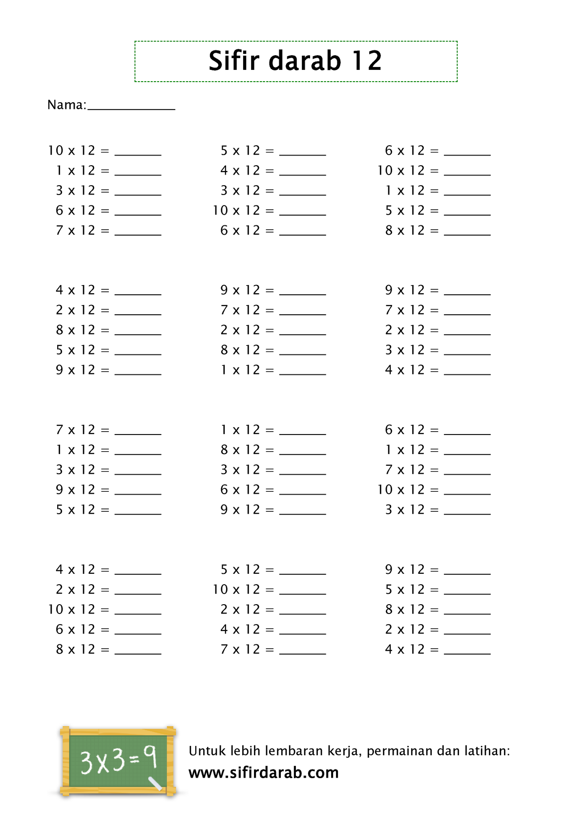Lembaran Kerja Sifir Darab 12 Ws4 - 10 X 12 = _________ 1 X 12 ...