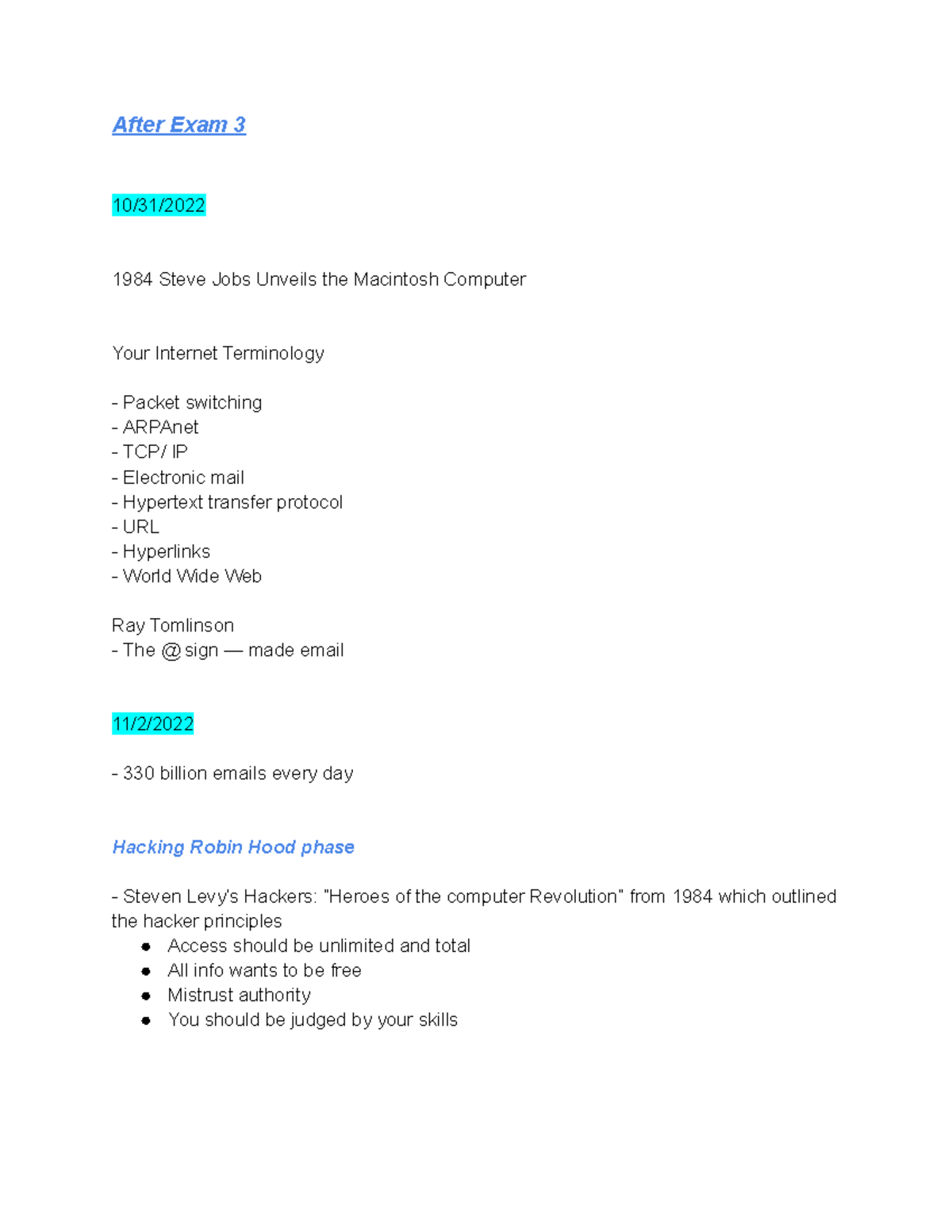 SMAD #3 - Notes and quiz/test questions - After Exam 3 10/31/ 1984 ...