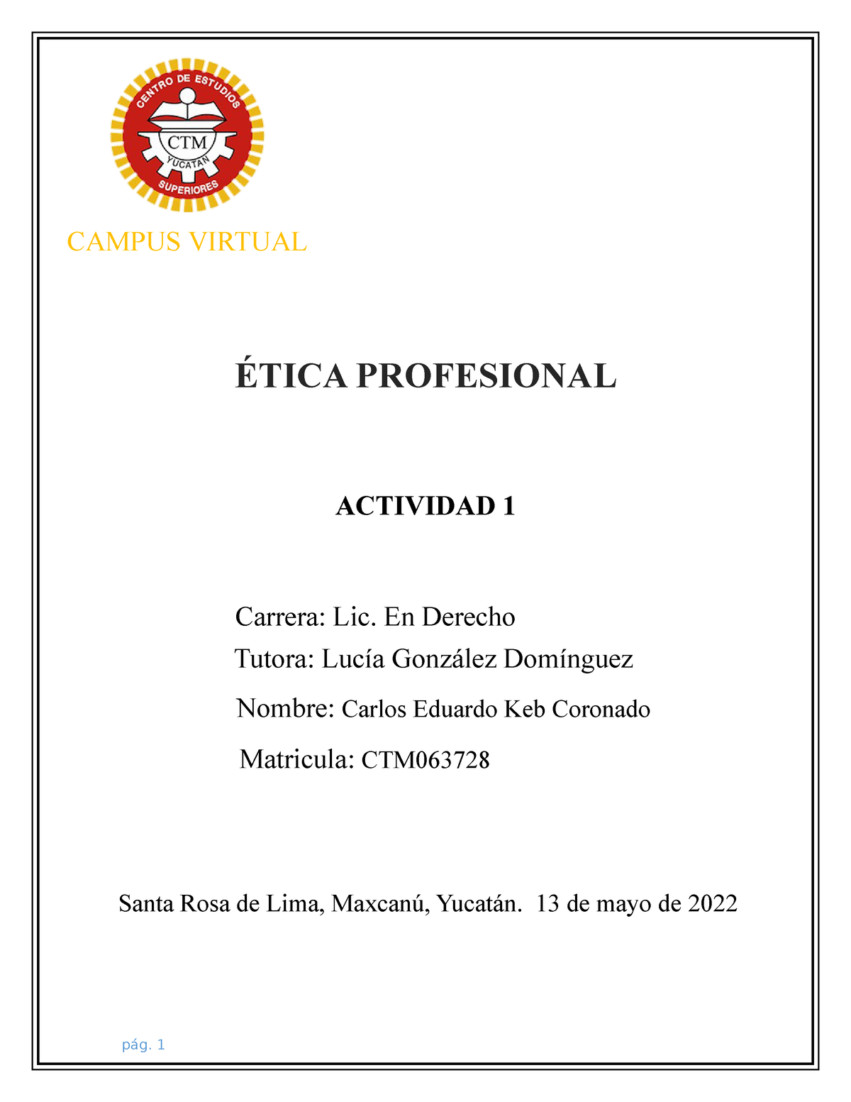 Actividad 1 Ética Profesional Actividad 1 Campus Virtual Ética Profesional Carrera Lic En 2636