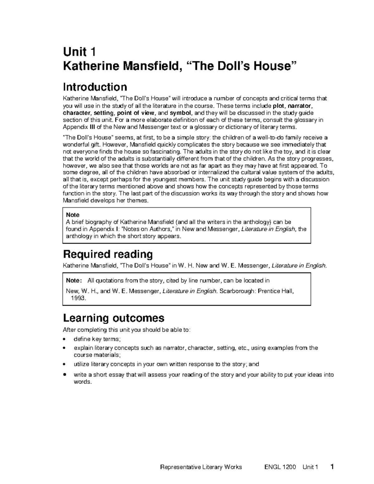 Unit1 V2 - Lecture notes 1 - Unit 1 Katherine Mansfield, “The Doll’s ...