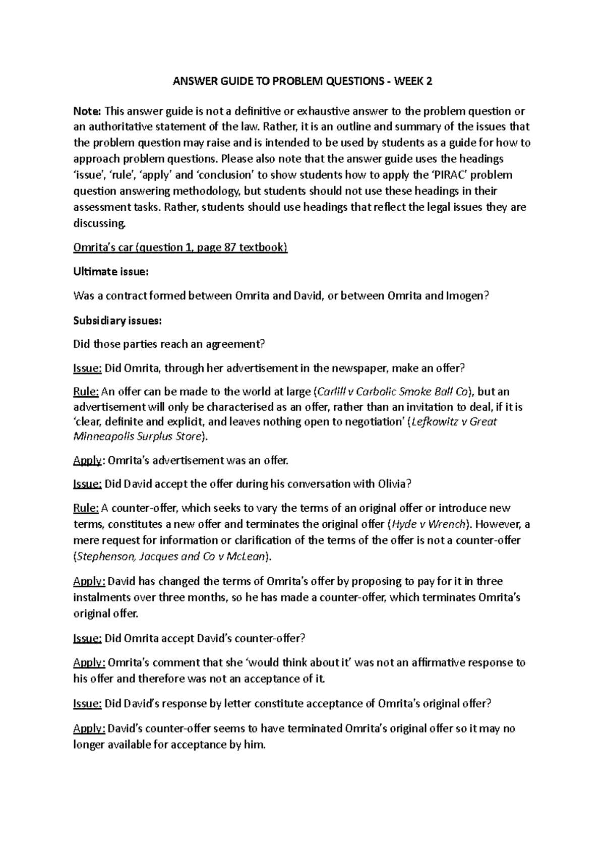 Problem Questions Answer Guide Week 2 T1 2020 - ANSWER GUIDE TO PROBLEM ...