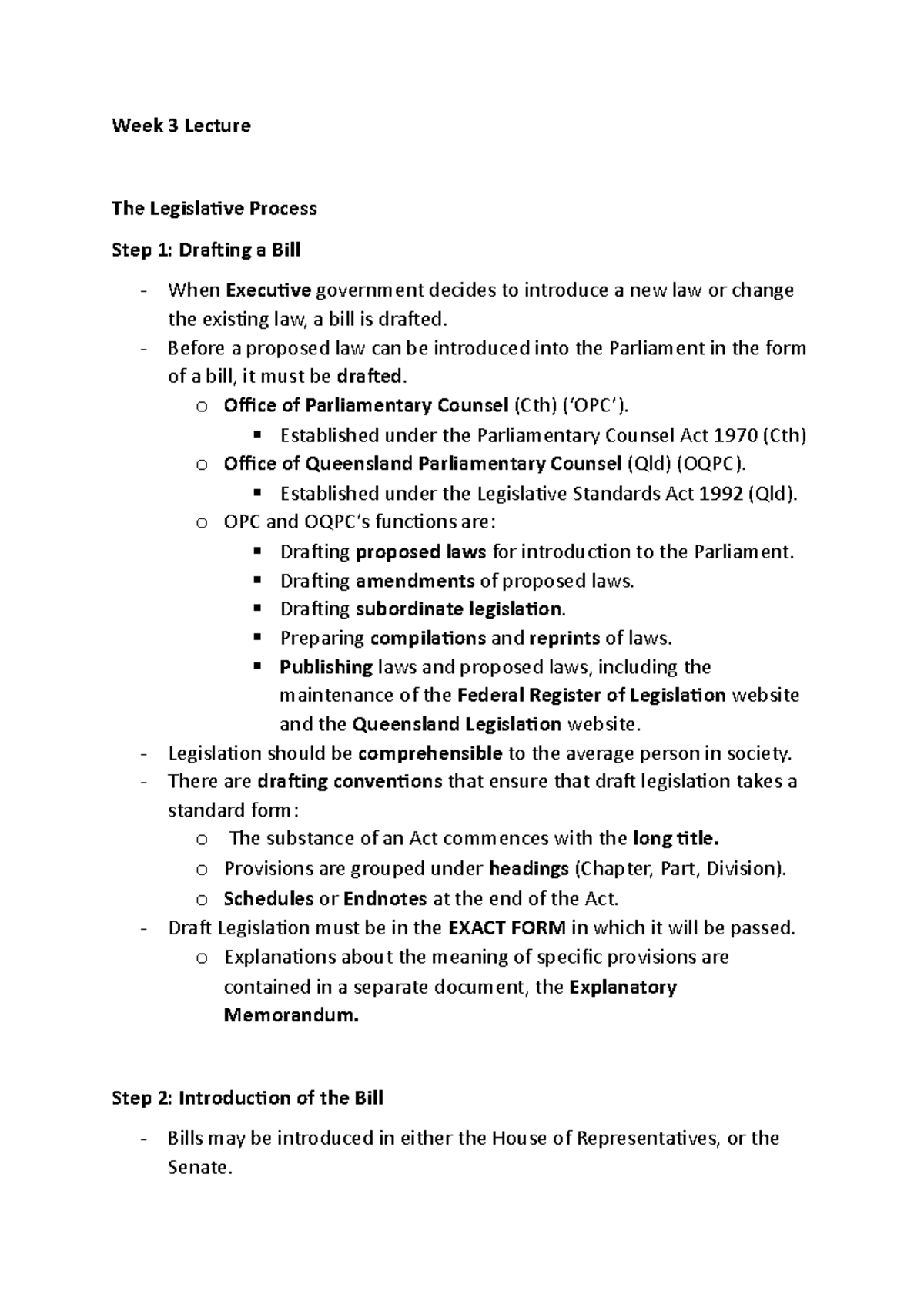 Week 3 Lecture and Tutorial Week 3 Lecture The Legislative Process