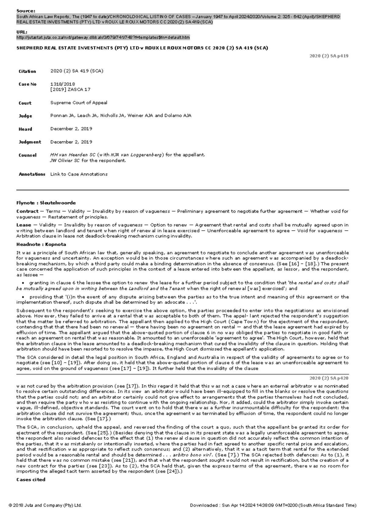 Shepherd REAL Estate Investments (PTY) LTD v ROUX LE ROUX Motors CC
